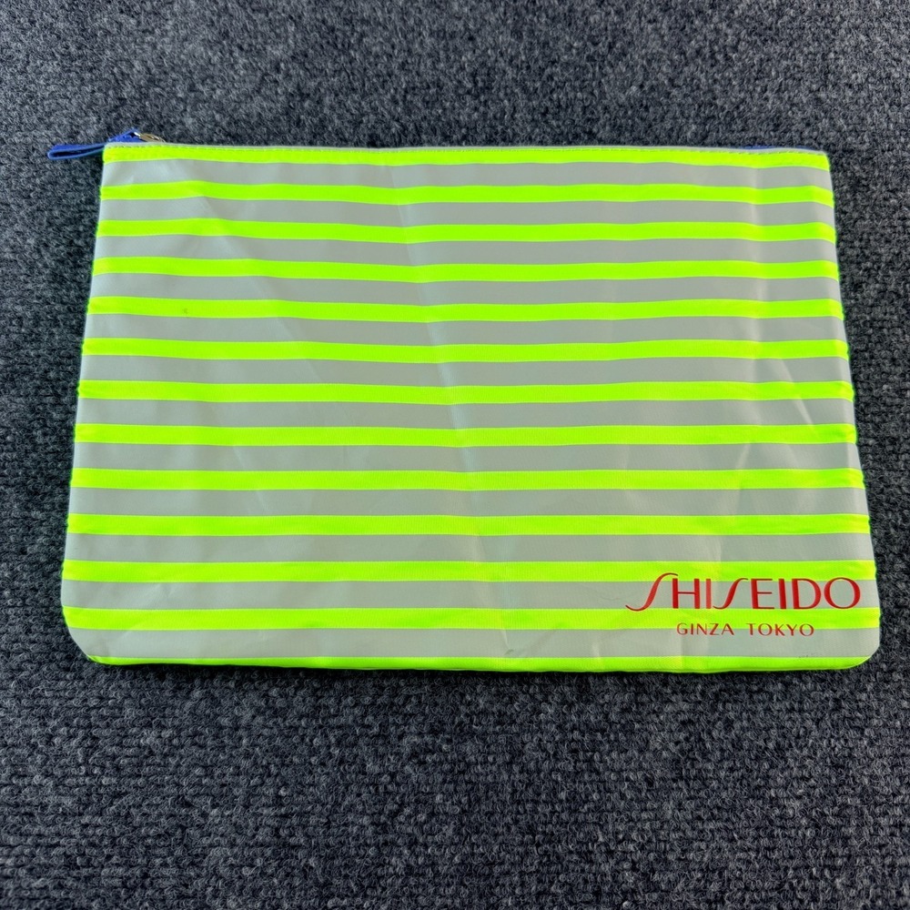 Shiseido Ginza Tokyo Cosmetic Bag Womens Lime Green Gray Horizontal Stripes